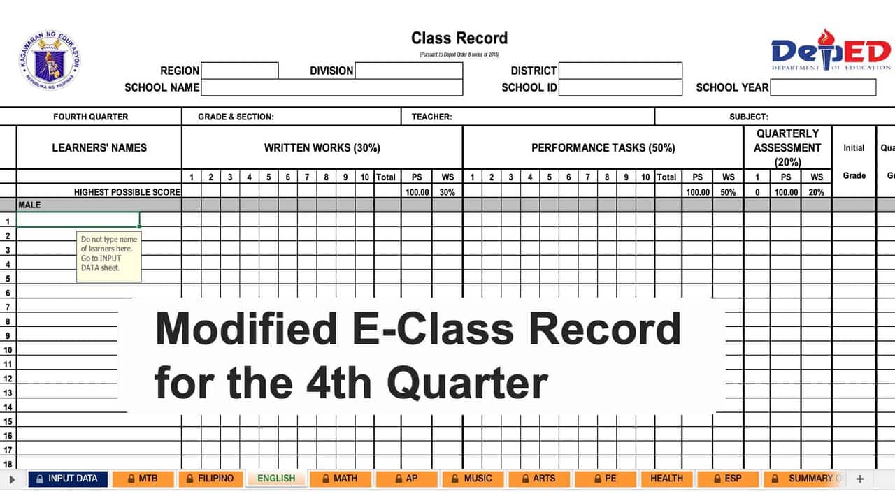 Deped E Class Record Templates For Grade 1 (free Download) Click 10
