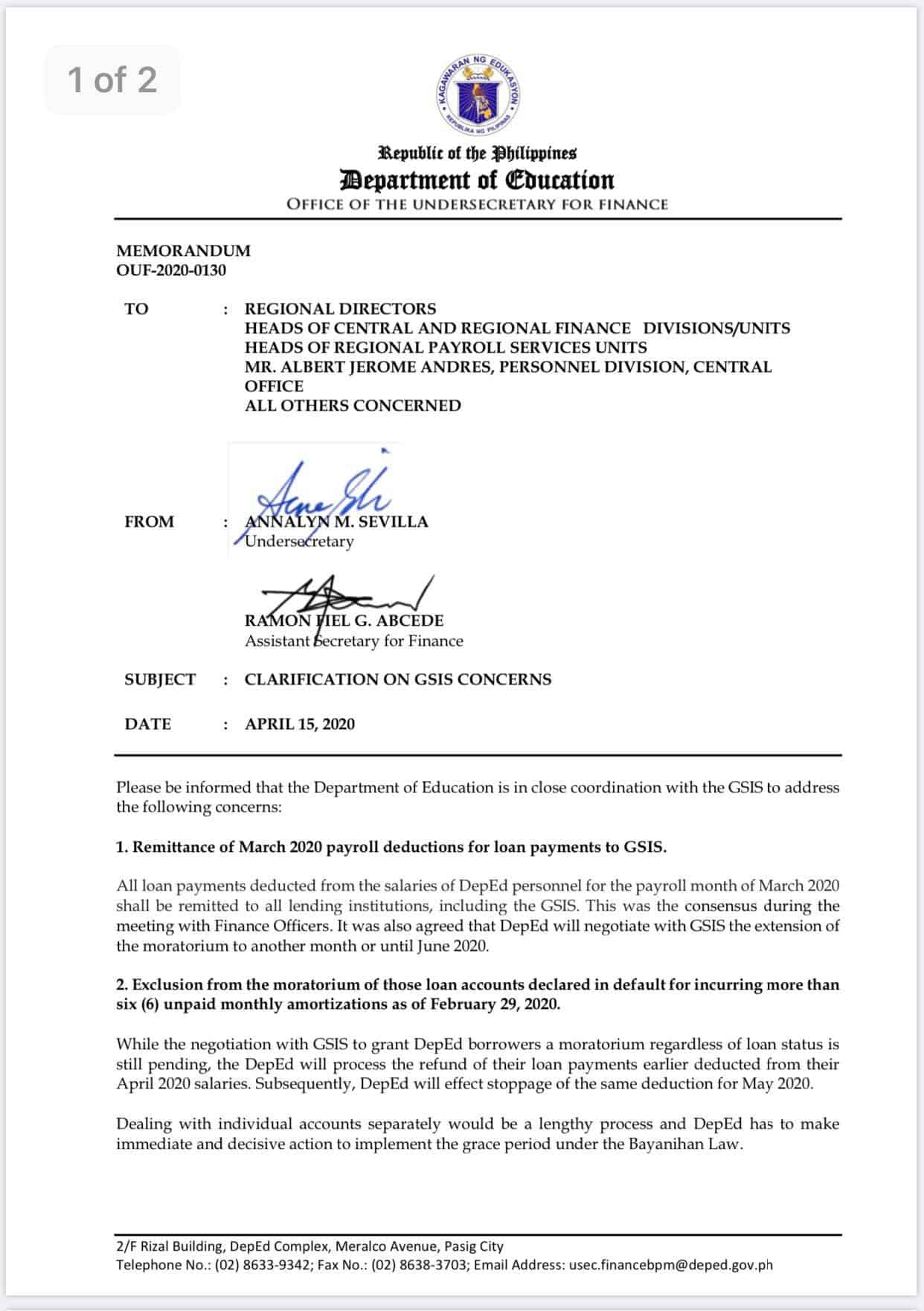 Clarifications on concerns about GSIS loan payment moratorium: DepEd