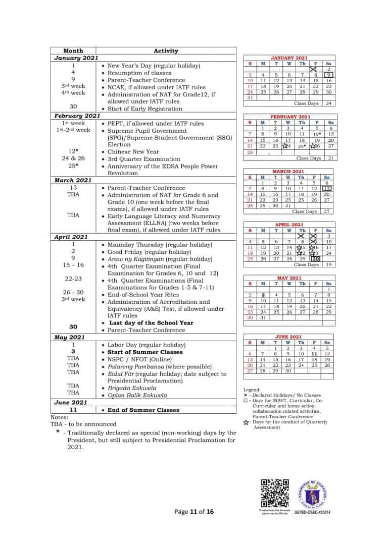 DepEd Monthly School Calendar of Activities for School Year 20202021