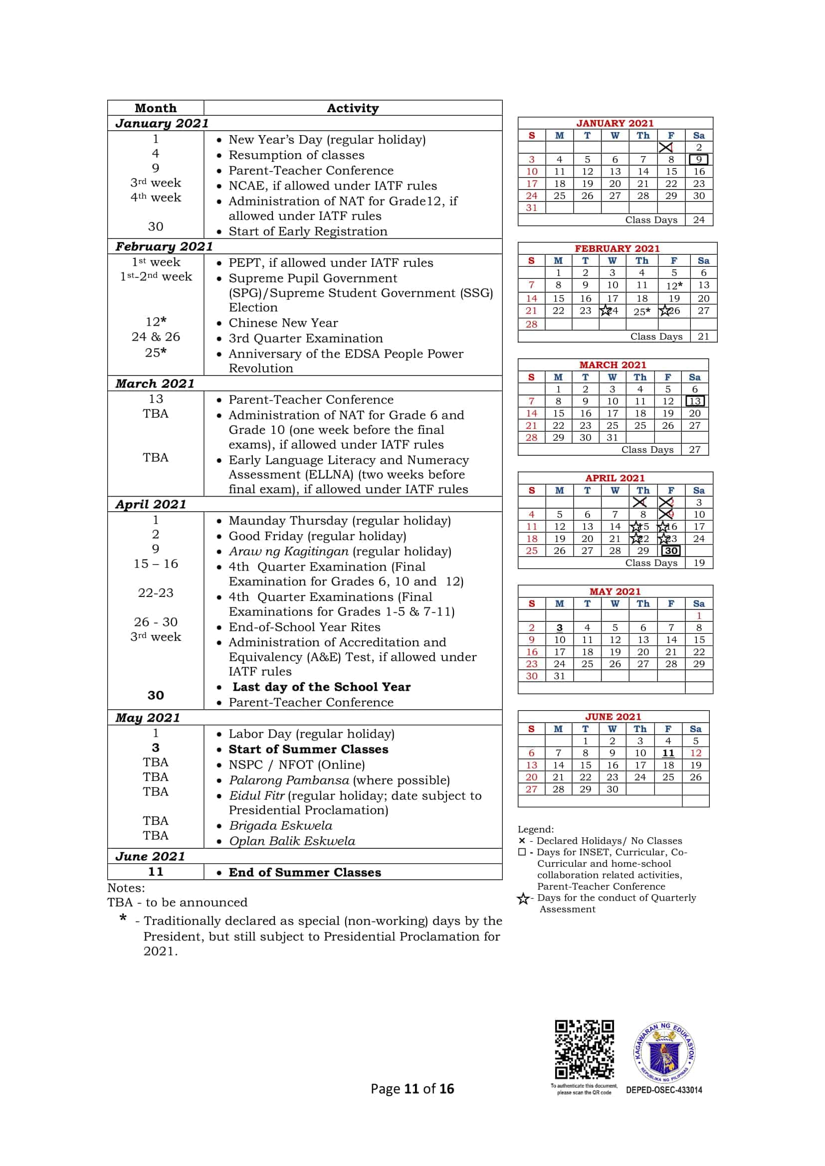 DepEd Calendar Of Activities