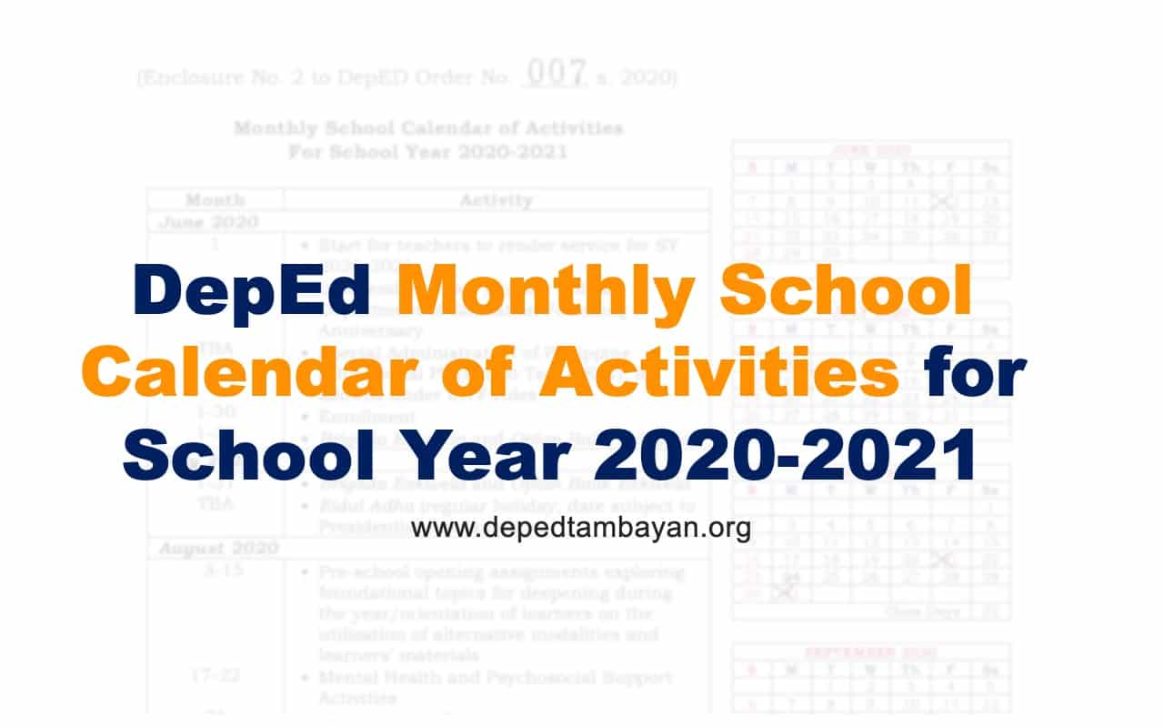 Deped Monthly School Calendar Of Activities For School Year 2020 2021